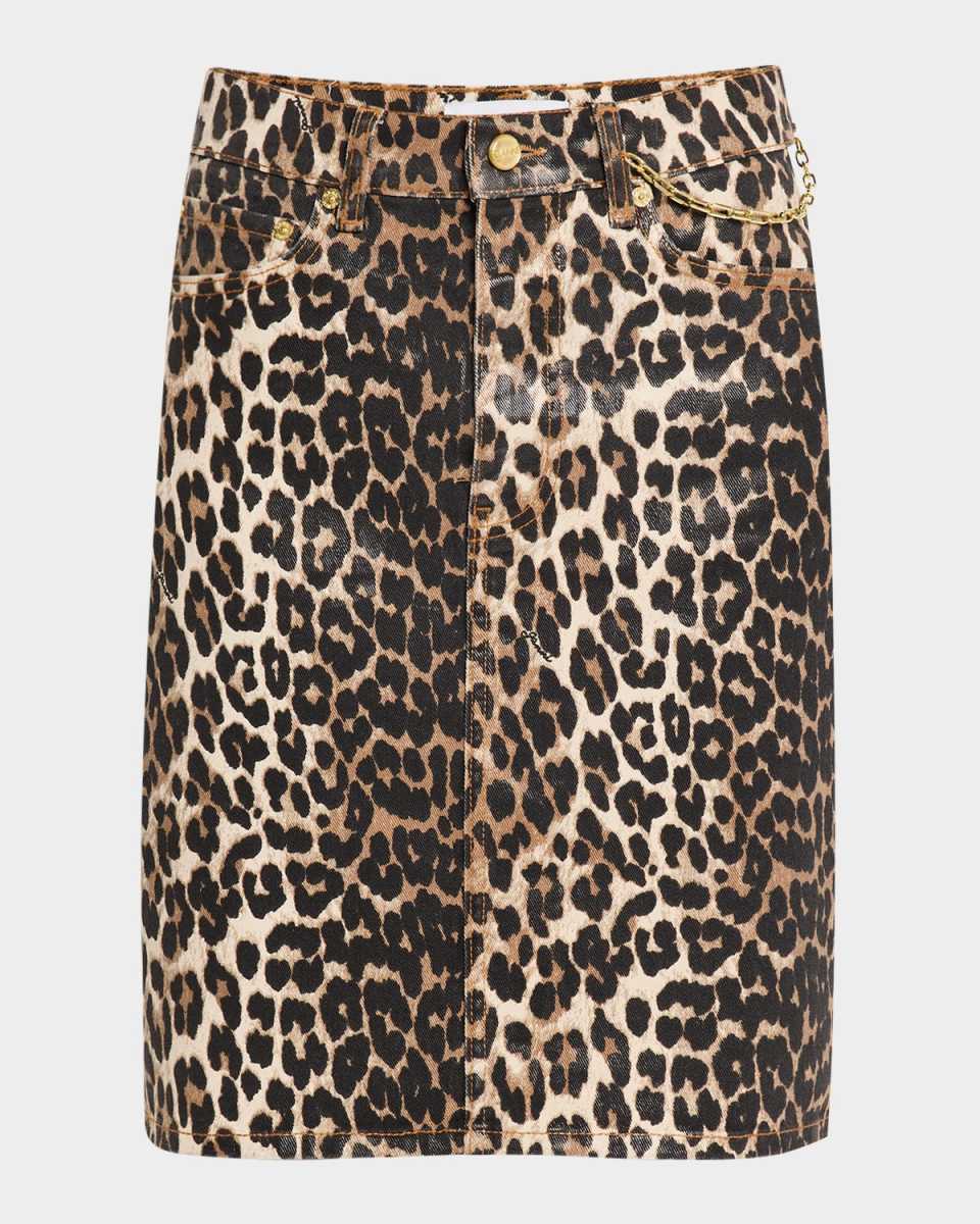Foiled Leopard-Print Denim Skirt